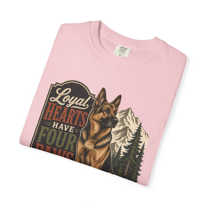 Loyal Hearts Have Four Paws German Shepherd T-shirt | Mountain Forest Dog Design