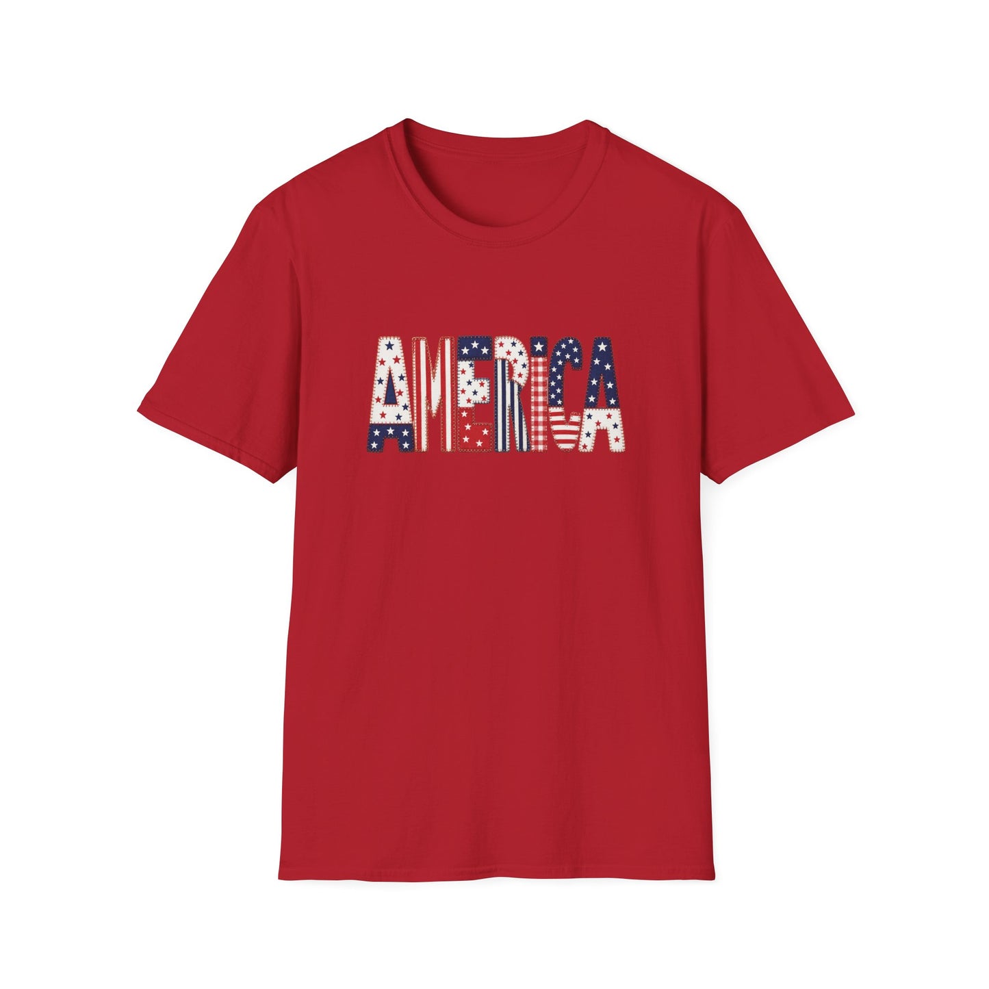 American Flag Patchwork Style Letters T-Shirt | Patriotic Fourth of July Tee