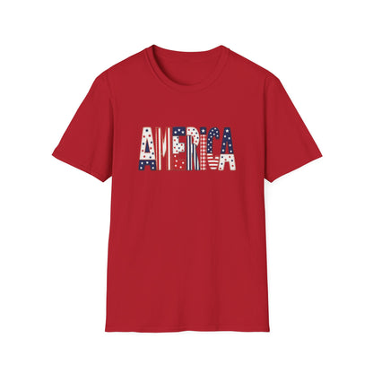 American Flag Patchwork Style Letters T-Shirt | Patriotic Fourth of July Tee