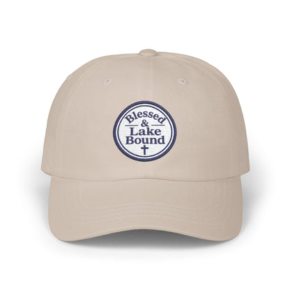 Blessed & Lake Bound Dad Cap | Embroidered Circle Logo, White Baseball Hat