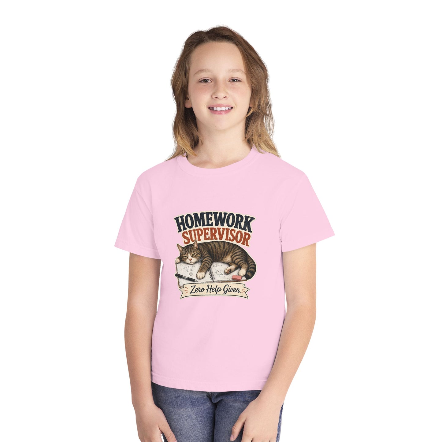 Homework Supervisor Cat Youth Tee | "Zero Help Given" retro kitten design
