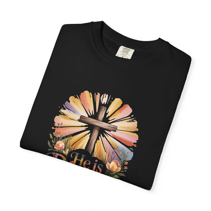 He Is Risen cross sunrise design T-Shirt | Easter faith floral