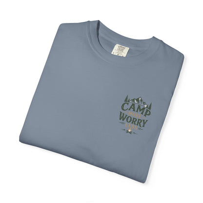 Camp More Worry Less T-shirt | Camping Mountains Pine Trees Design