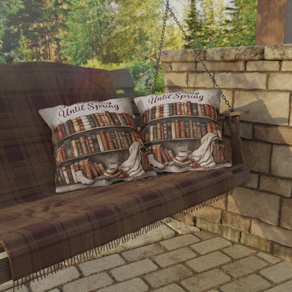 Introverting Until Spring Outdoor Pillow | Bookish Library Design, Cozy Reading Decor