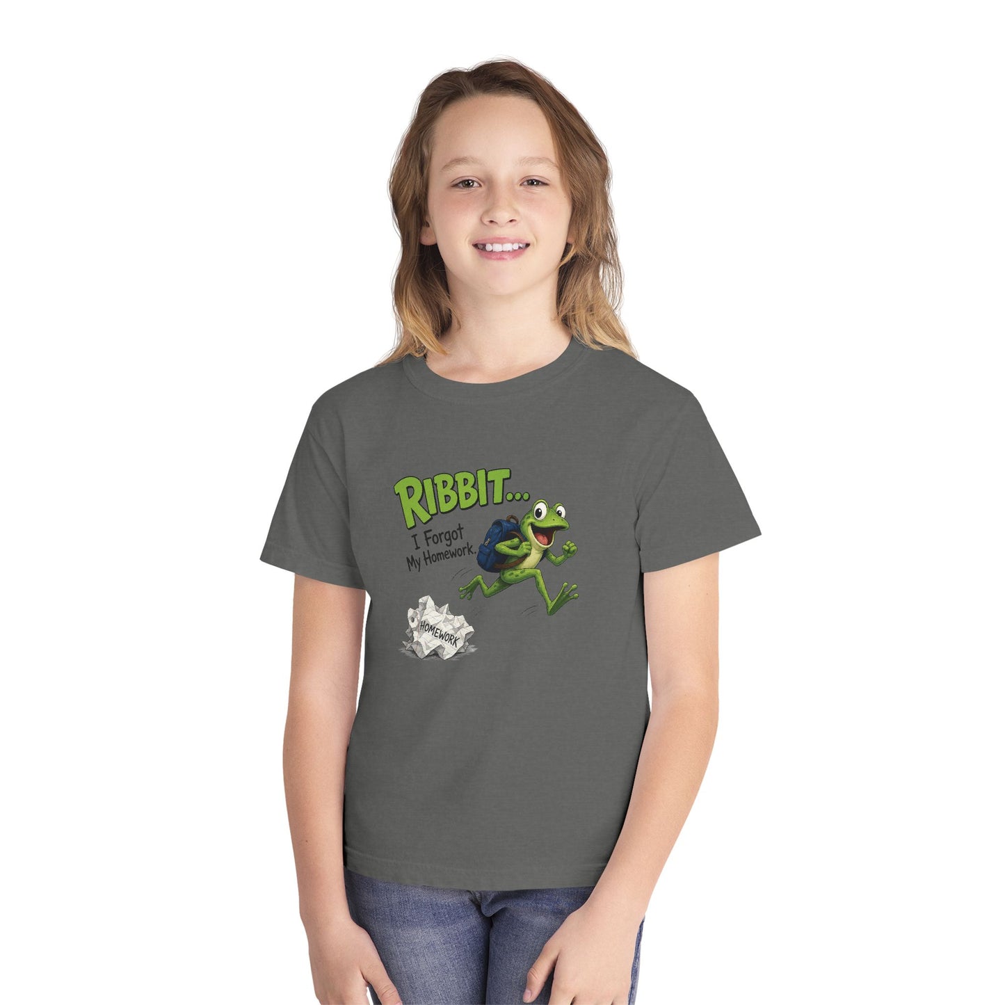 Ribbit Frog Character Youth Tee | Funny Forgot My Homework Design