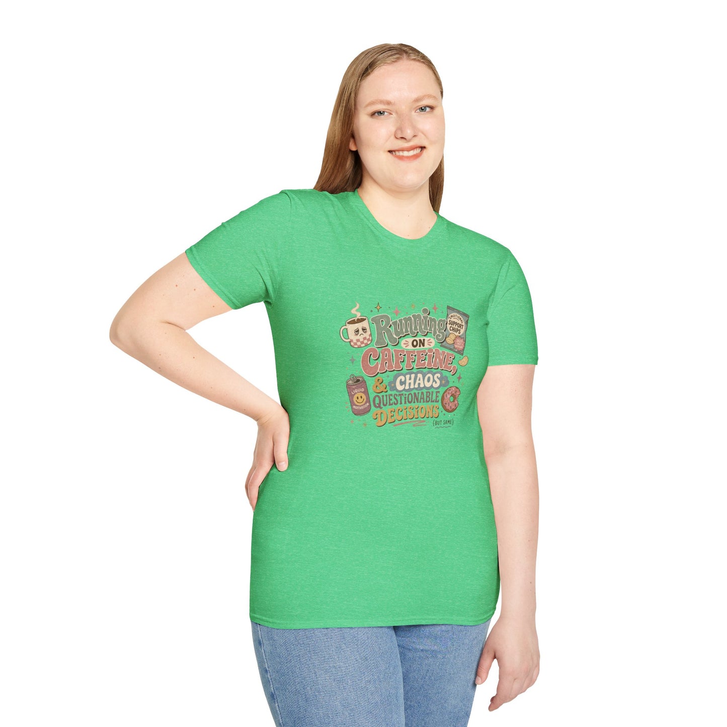 Running on Caffeine & Chaos T-Shirt | Coffee Mug Donut Illustration