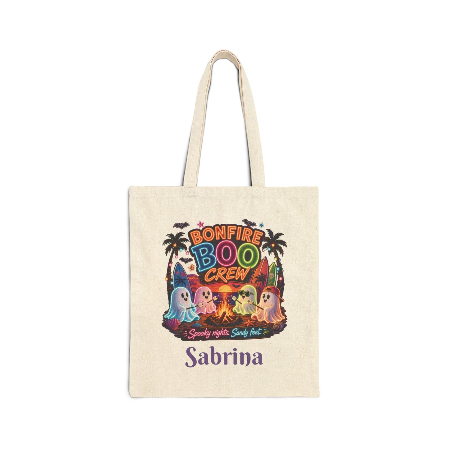 Bonfire Boo Crew Tote Bag | Halloween ghosts, campfire spooky beach design