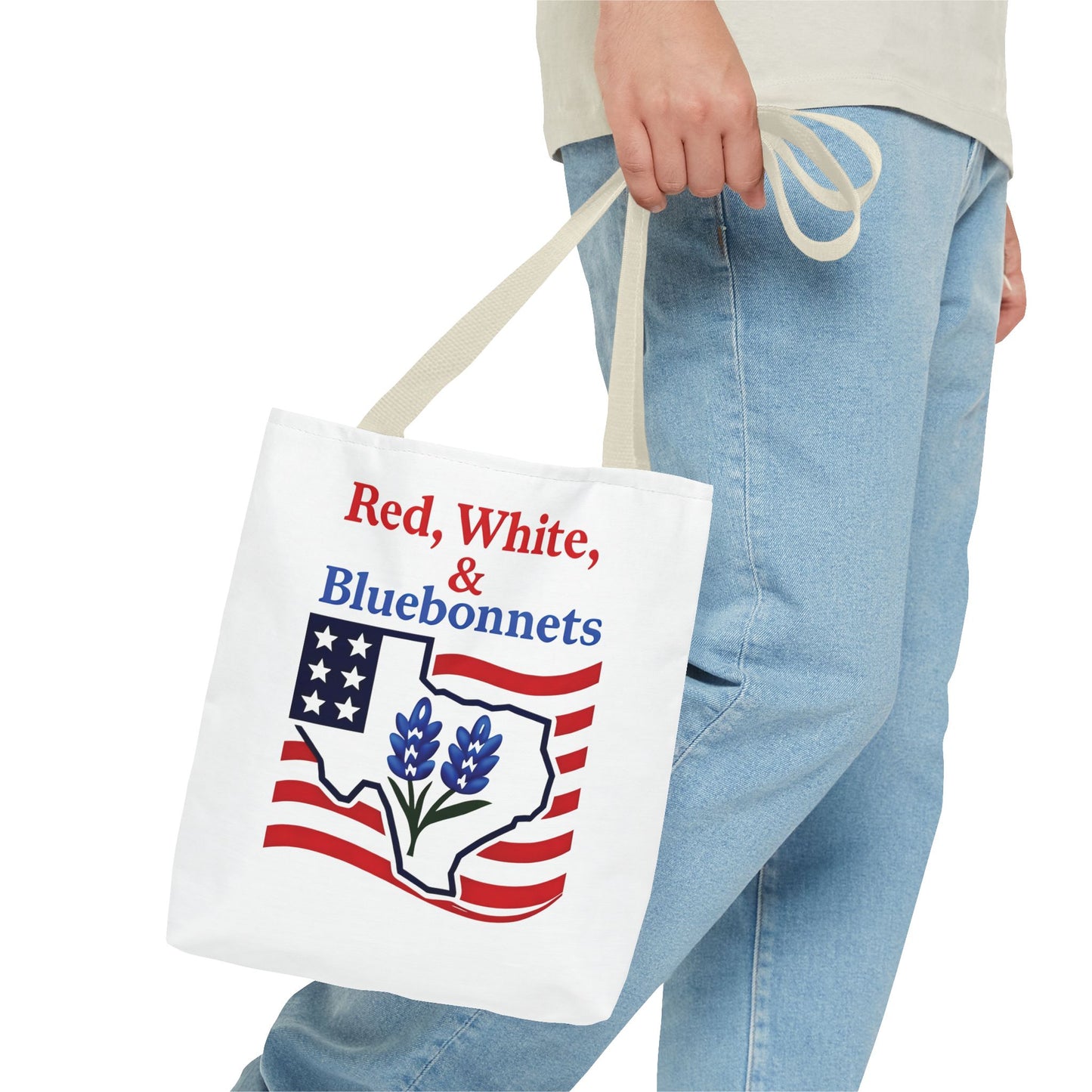 Texas Patriot Tote Bag, Red White and Bluebonnets, Independence Day Accessory, Summer Travel Bag, Gift for Texans, Stylish Grocery Tote