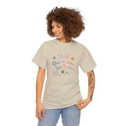 Overstimulated But Trying tee | Funny Mental Health Shirt, Cute Retro Doodles
