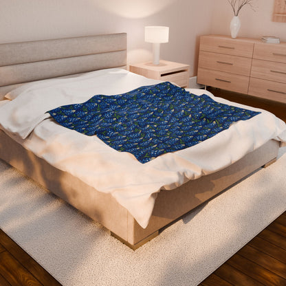 Velveteen Plush Blanket - Texas Bluebonnet Navy Blanket, Warm Cozy Throw, Home Decor Accent, Gift for Her, Floral Pattern Bedding, Soft Sofa