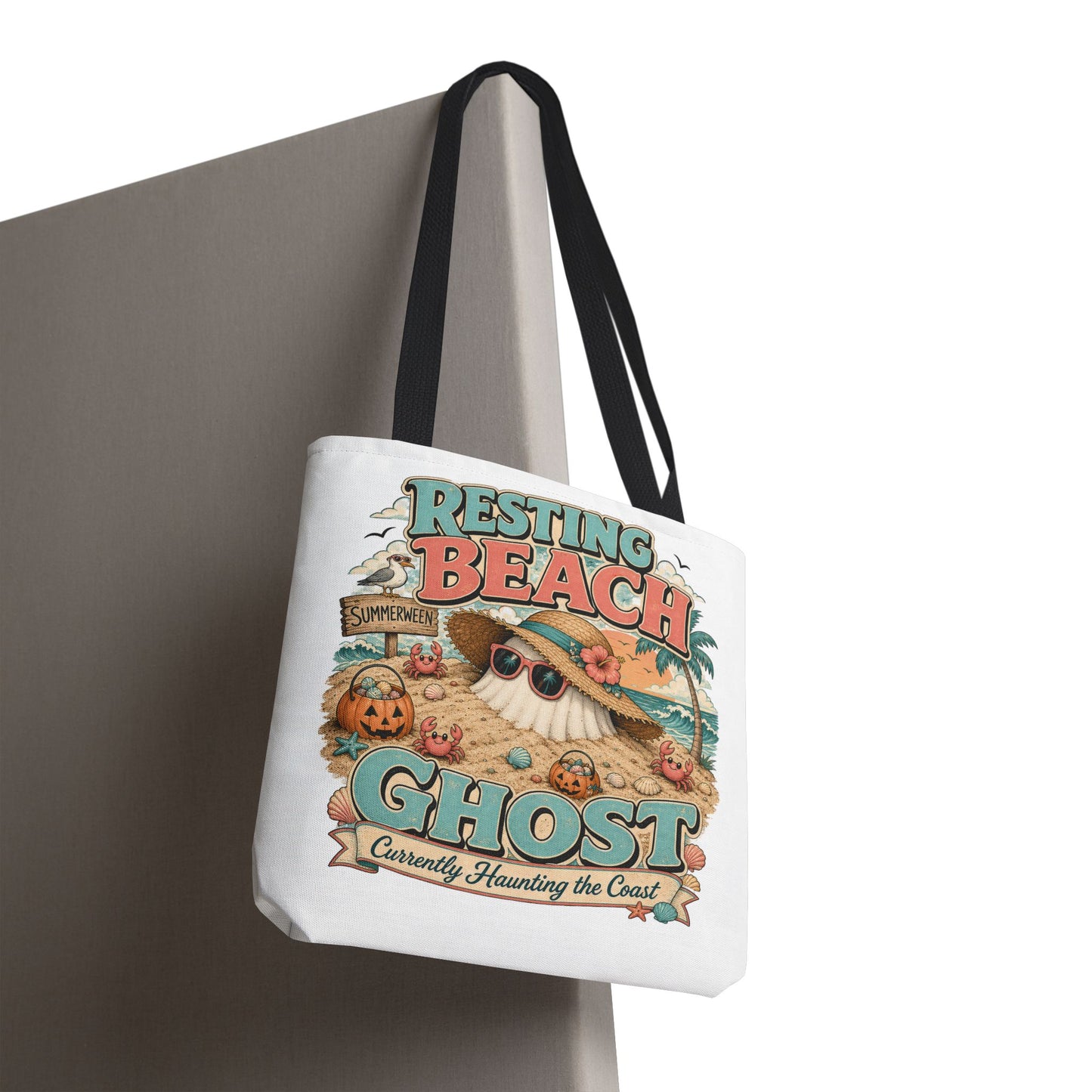 Resting Beach Ghost Tote Bag | Halloween Beach Ghost Illustration