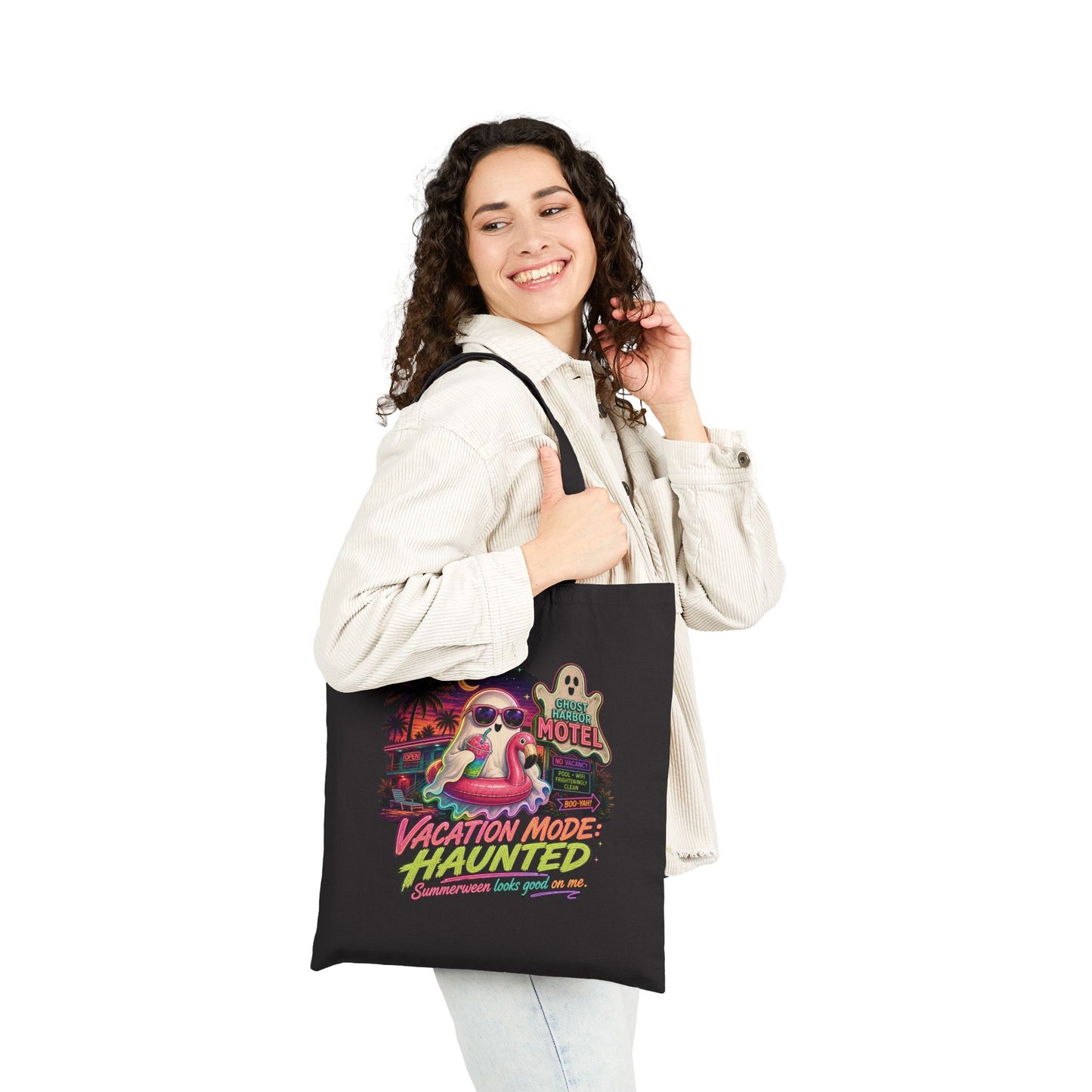 Vacation Mode Haunted Tote Bag | Retro Ghost Motel Beach Illustration