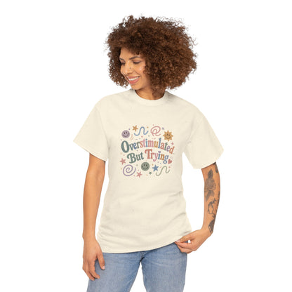 Overstimulated But Trying tee | Funny Mental Health Shirt, Cute Retro Doodles