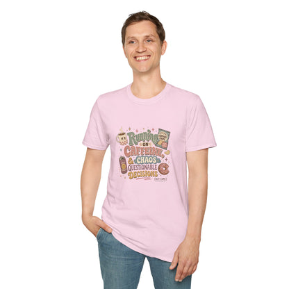 Running on Caffeine & Chaos T-Shirt | Coffee Mug Donut Illustration