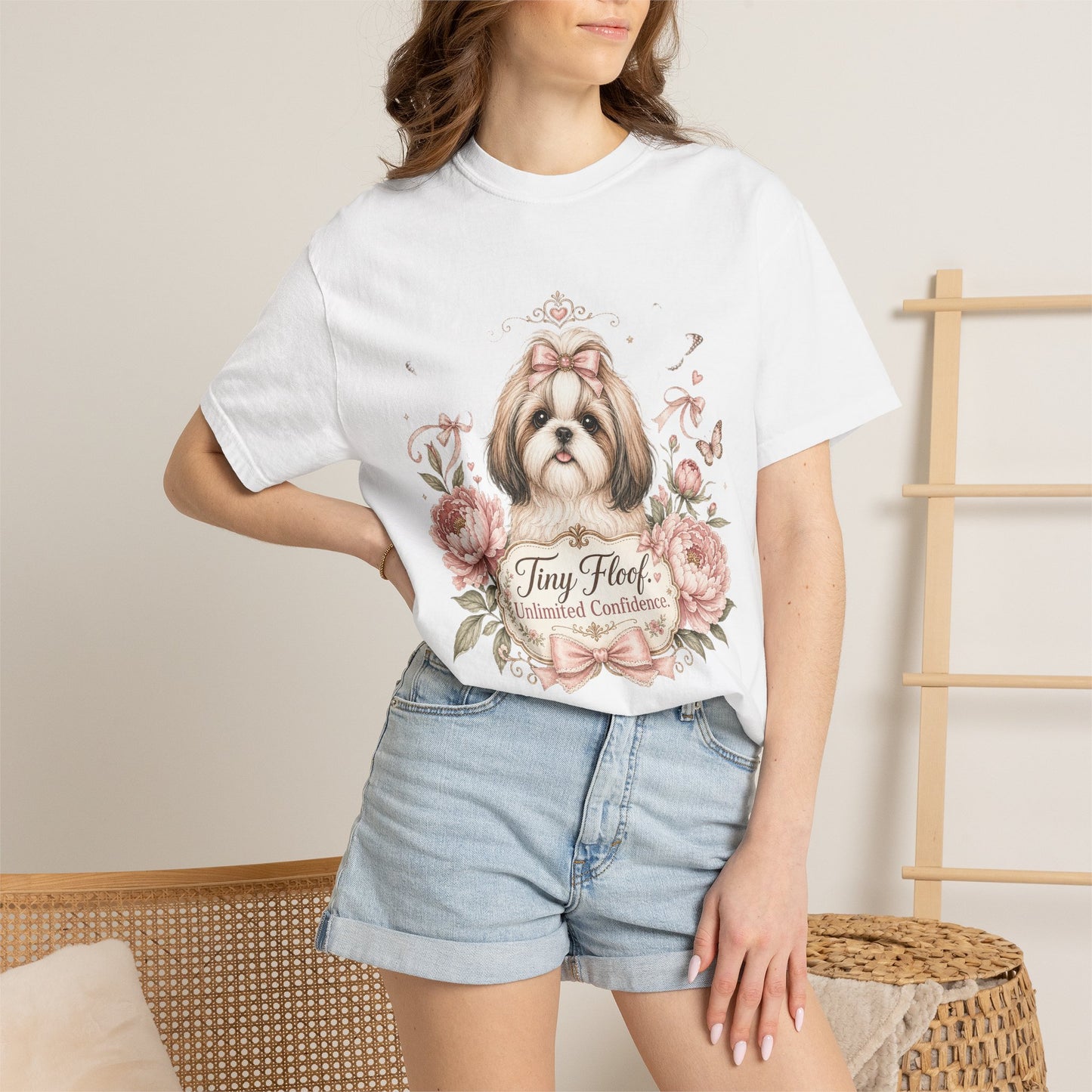 Shih Tzu Floral Portrait T-Shirt | Tiny Floof Illustration, Pink Roses