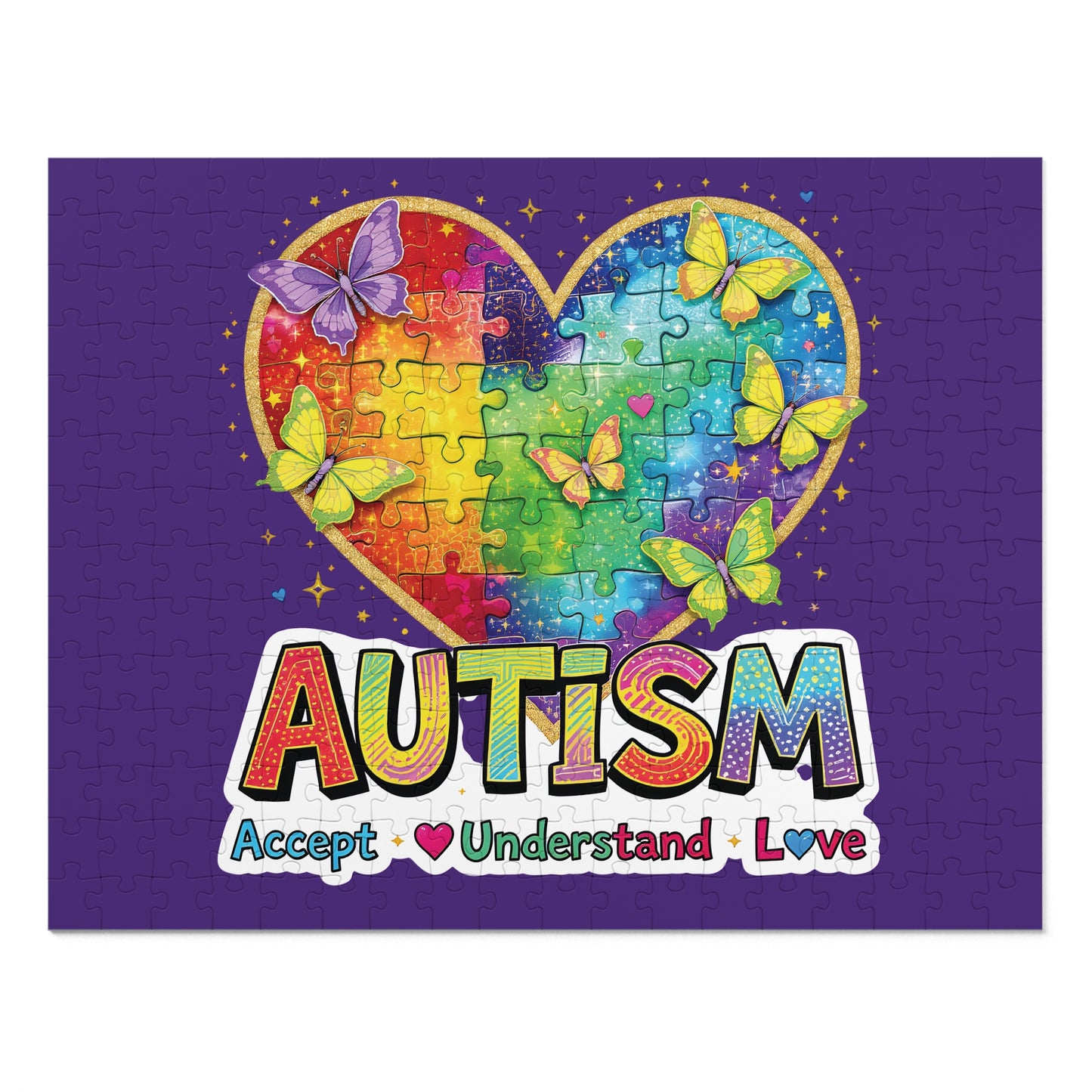 Autism Accept Understand Love Jigsaw Puzzle with Tin | Rainbow Heart Butterflies