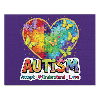 Autism Accept Understand Love Jigsaw Puzzle with Tin | Rainbow Heart Butterflies
