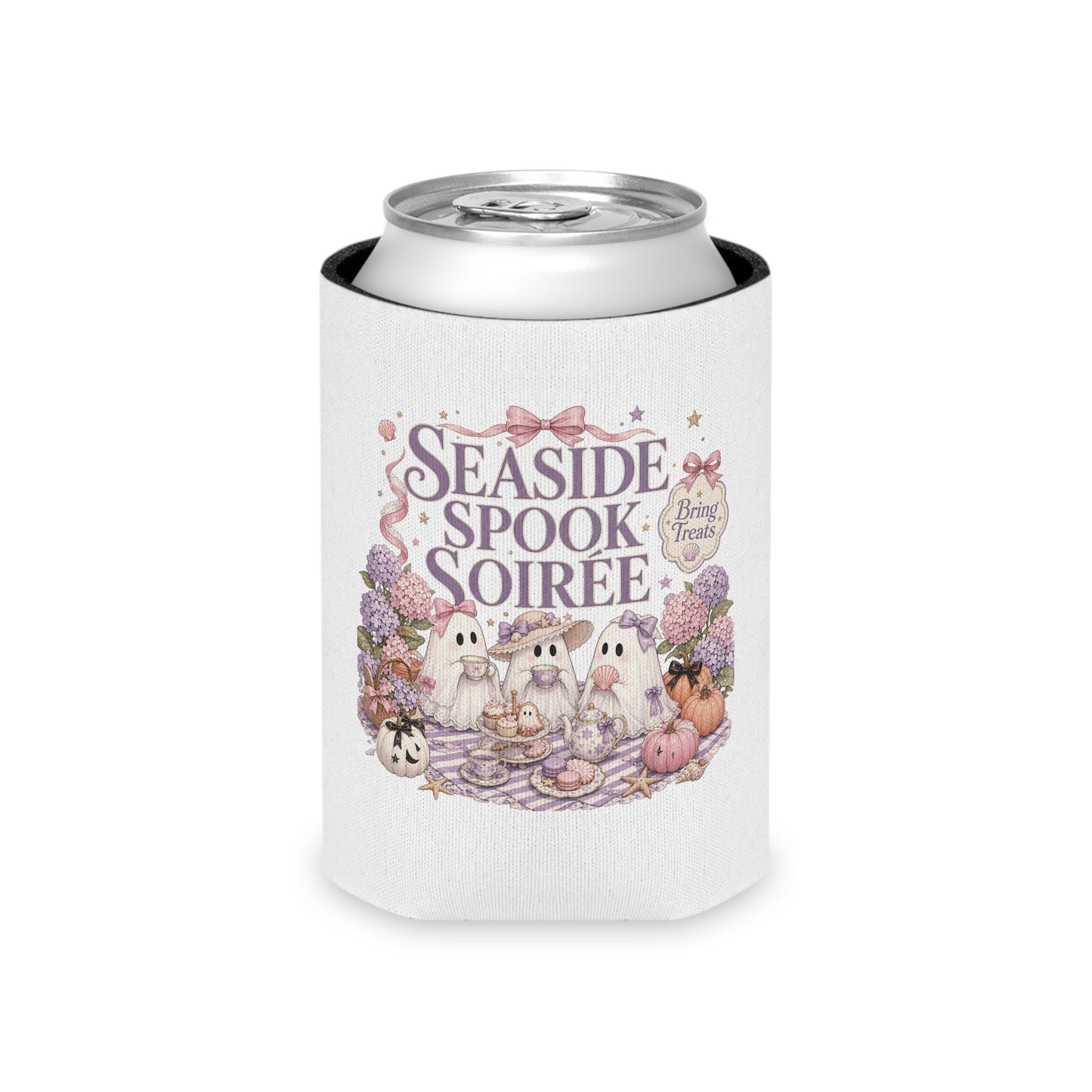 Seaside Spook Soiree Can Cooler | Halloween Ghost Picnic Cooler Sleeve
