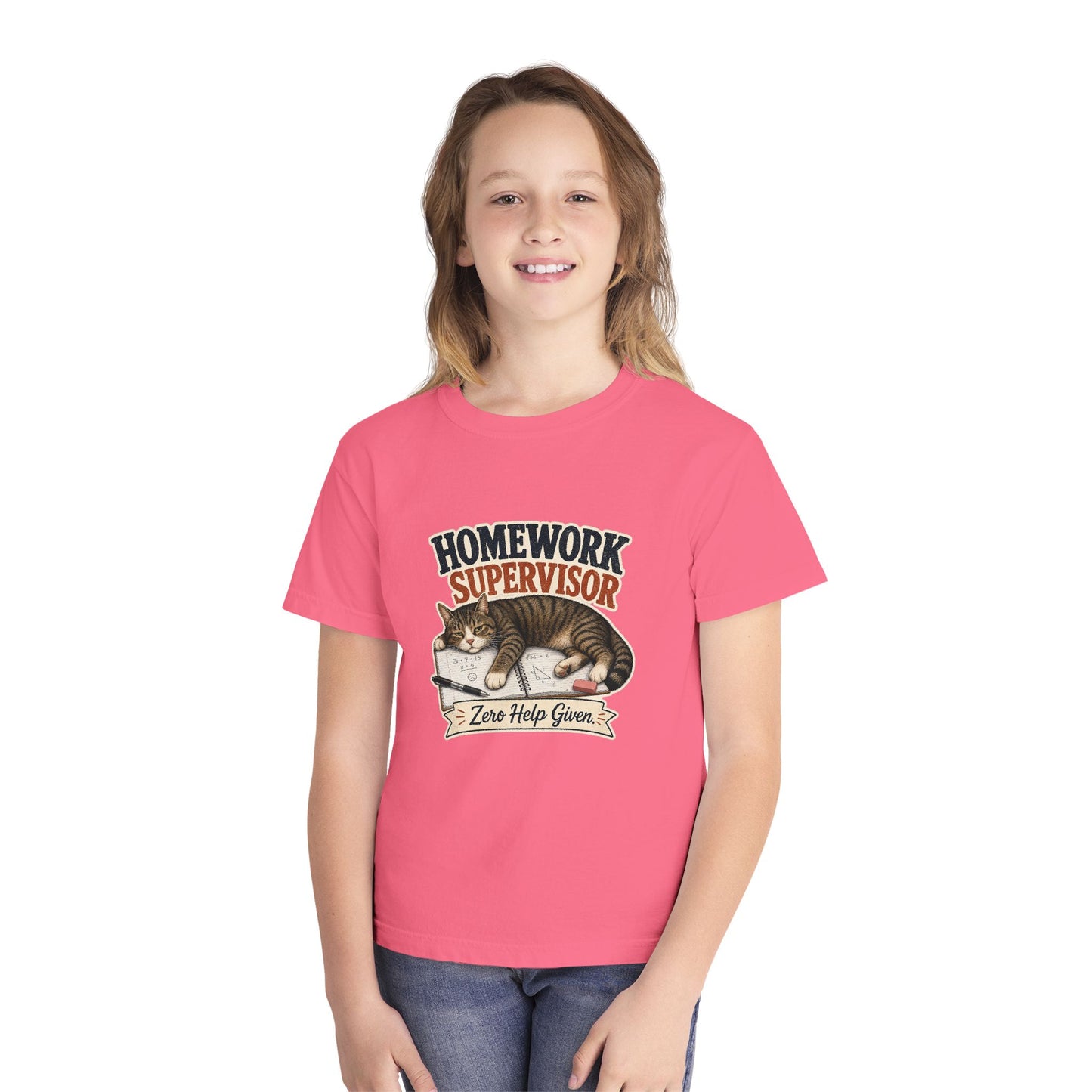Homework Supervisor Cat Youth Tee | "Zero Help Given" retro kitten design
