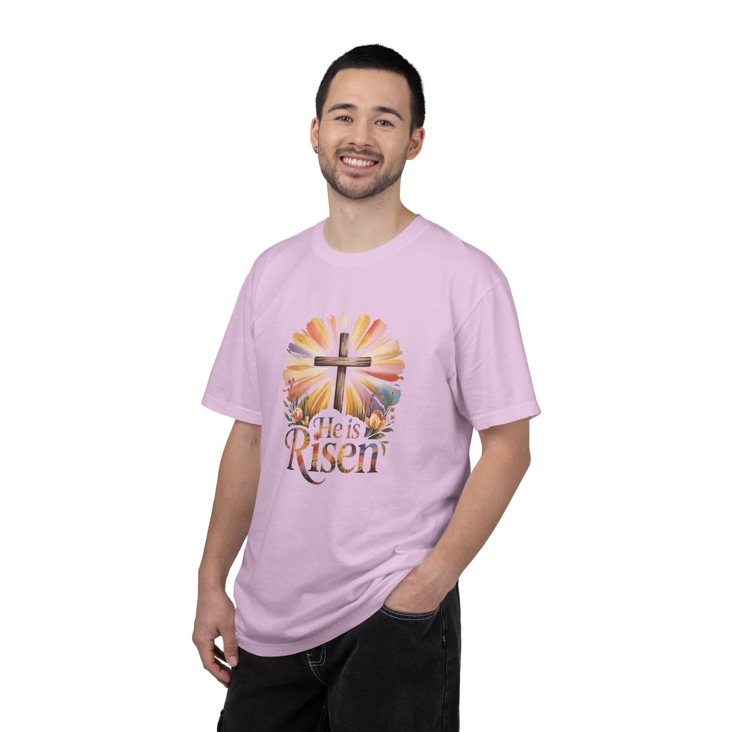He Is Risen cross sunrise design T-Shirt | Easter faith floral
