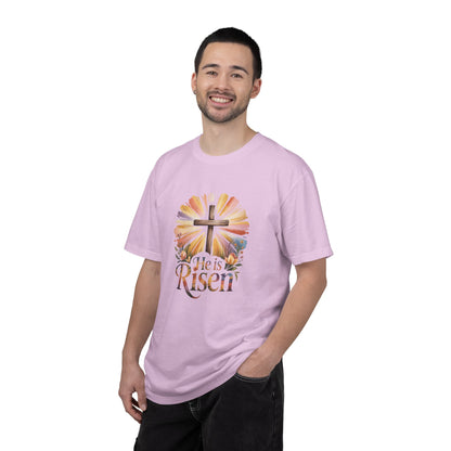 He Is Risen cross sunrise design T-Shirt | Easter faith floral