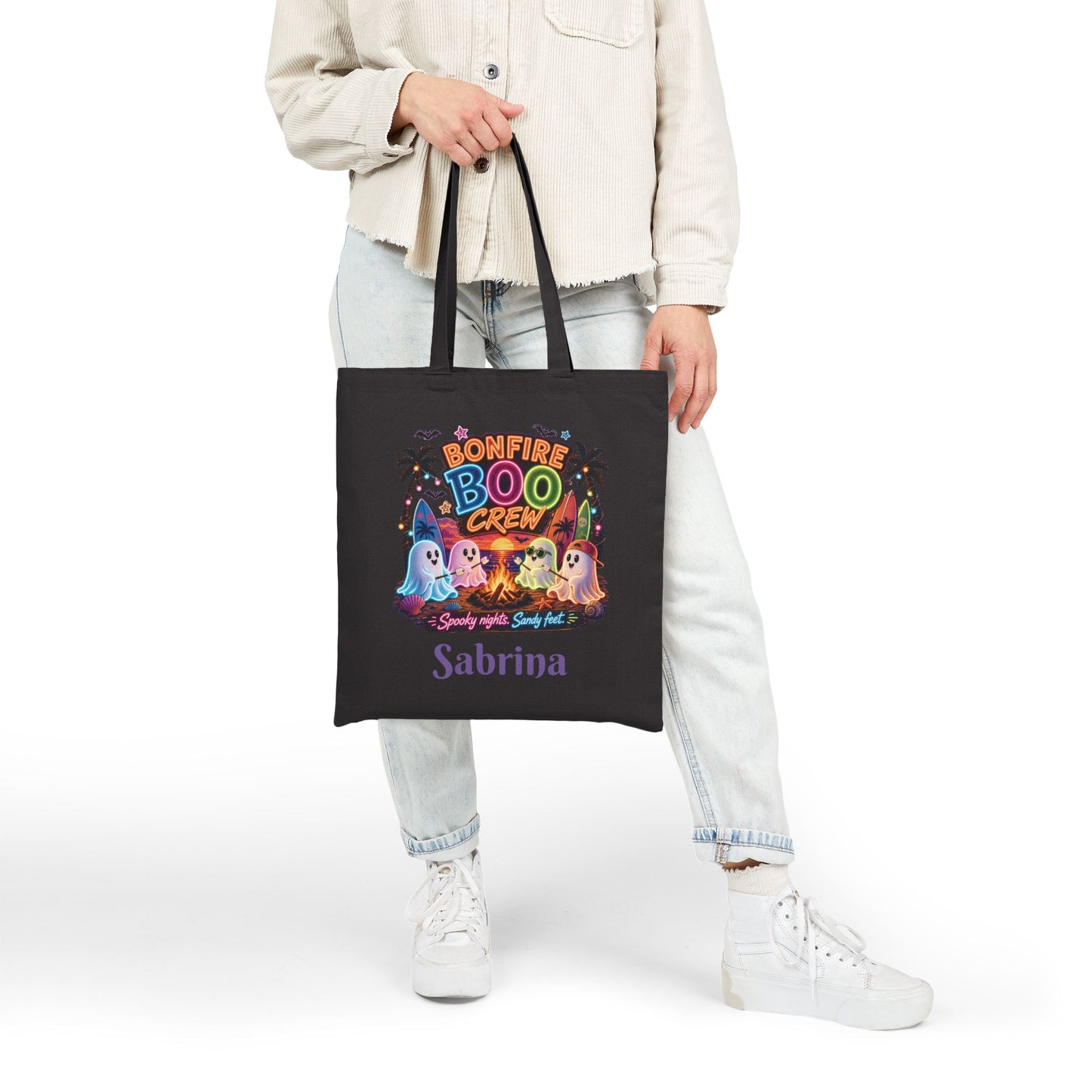 Bonfire Boo Crew Tote Bag | Halloween ghosts, campfire spooky beach design
