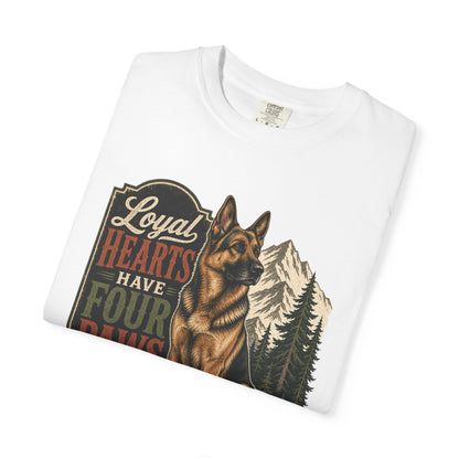 Loyal Hearts Have Four Paws German Shepherd T-shirt | Mountain Forest Dog Design