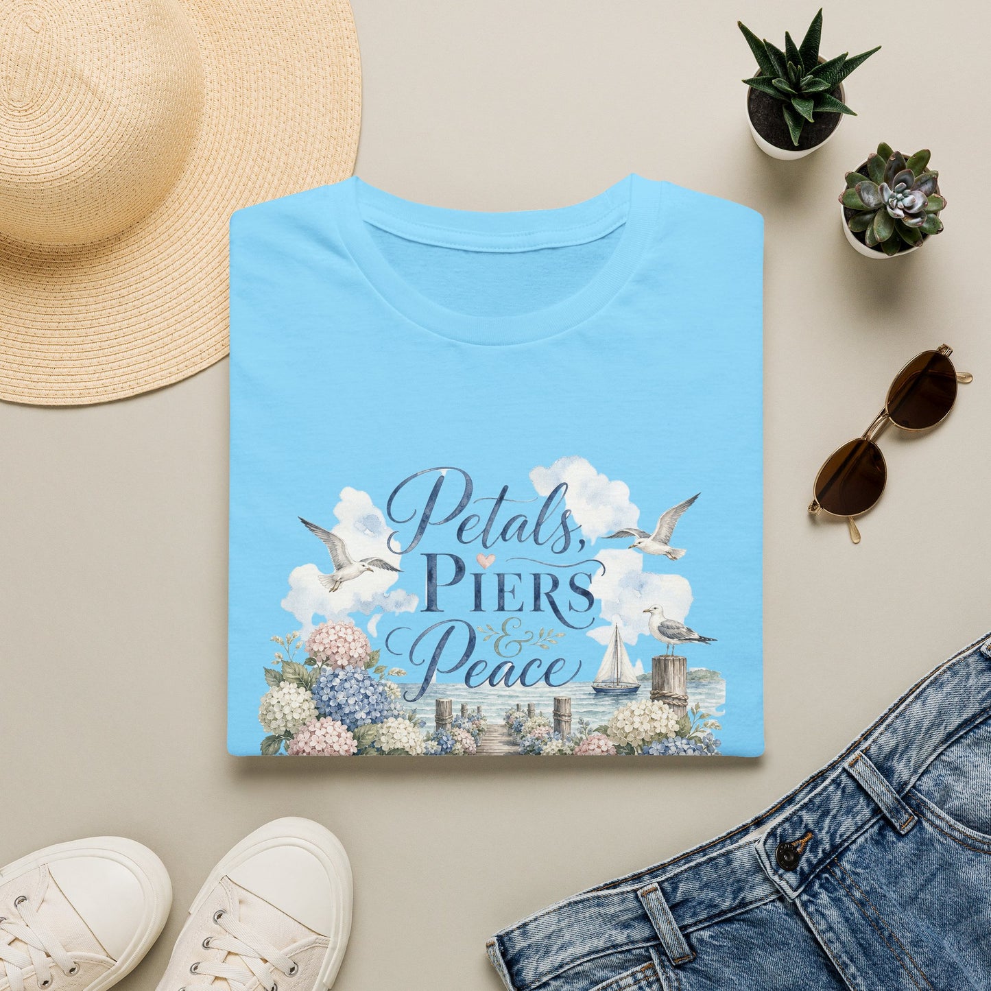 Petals Piers Peace T-Shirt | Coastal Lighthouse Floral Seagulls Design