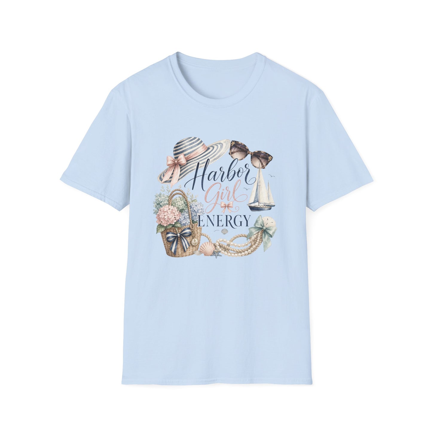 Harbor Girl illustration T-Shirt | Nautical hat, sailboat, seashells