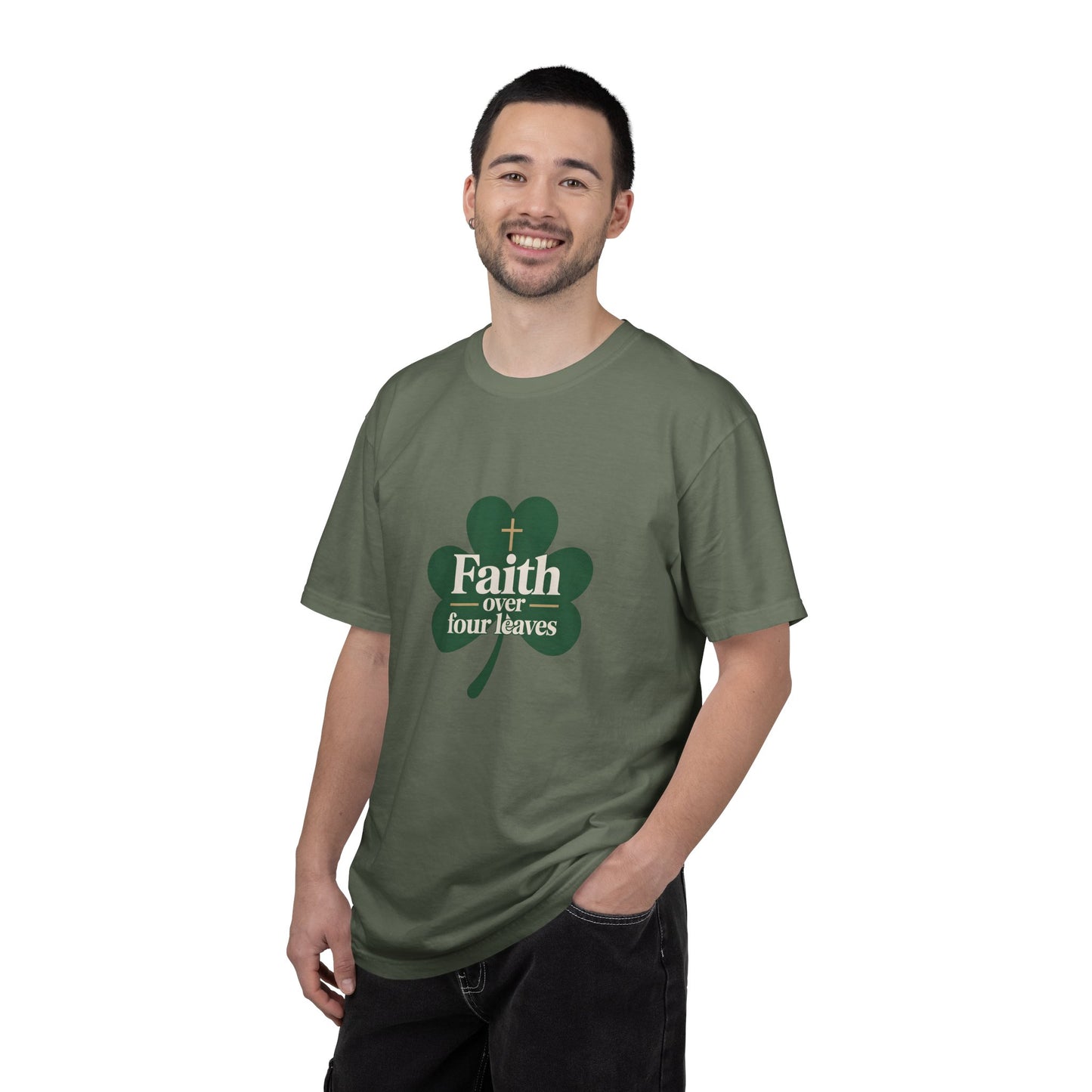 Faith Over Four Leaves T-shirt | Shamrock Christian Inspiration