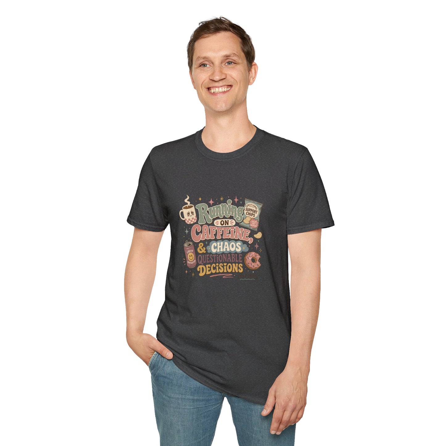 Running on Caffeine & Chaos T-Shirt | Coffee Mug Donut Illustration