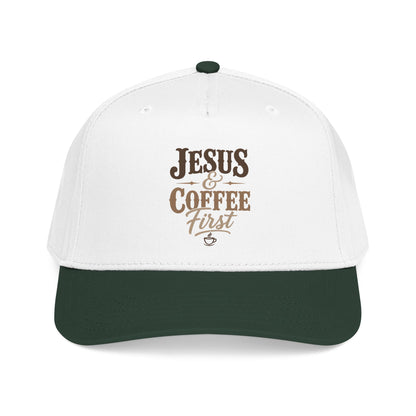 Jesus & Coffee First Mid Profile Baseball Cap | Christian Script Logo