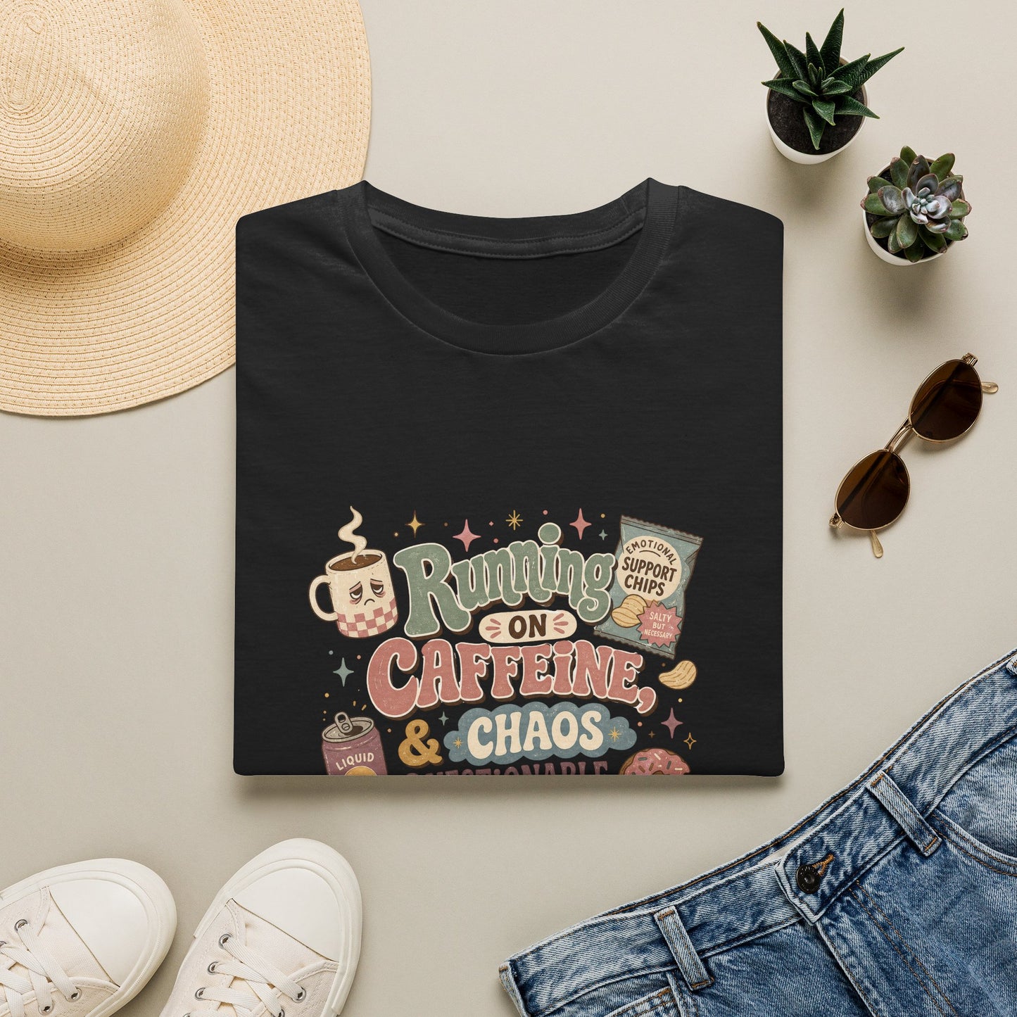 Running on Caffeine & Chaos T-Shirt | Coffee Mug Donut Illustration