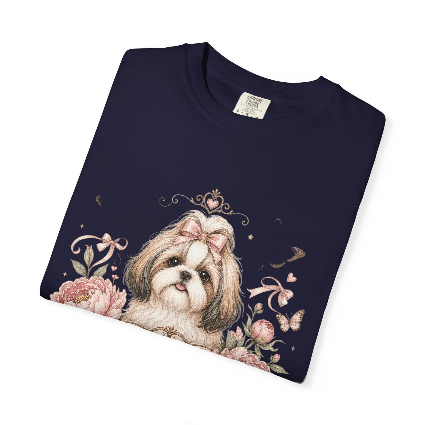 Shih Tzu Floral Portrait T-Shirt | Tiny Floof Illustration, Pink Roses