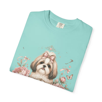 Shih Tzu Floral Portrait T-Shirt | Tiny Floof Illustration, Pink Roses