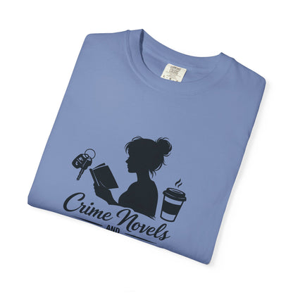 Crime Novels and Carpool Lines T-shirt | Reading Mom Silhouette, Coffee Graphic