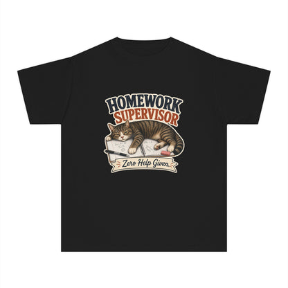 Homework Supervisor Cat Youth Tee | "Zero Help Given" retro kitten design