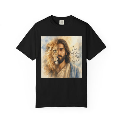 Jesus Lion Graphic T-Shirt — "I Am Not Alone in This Fight" Christian Faith Tee