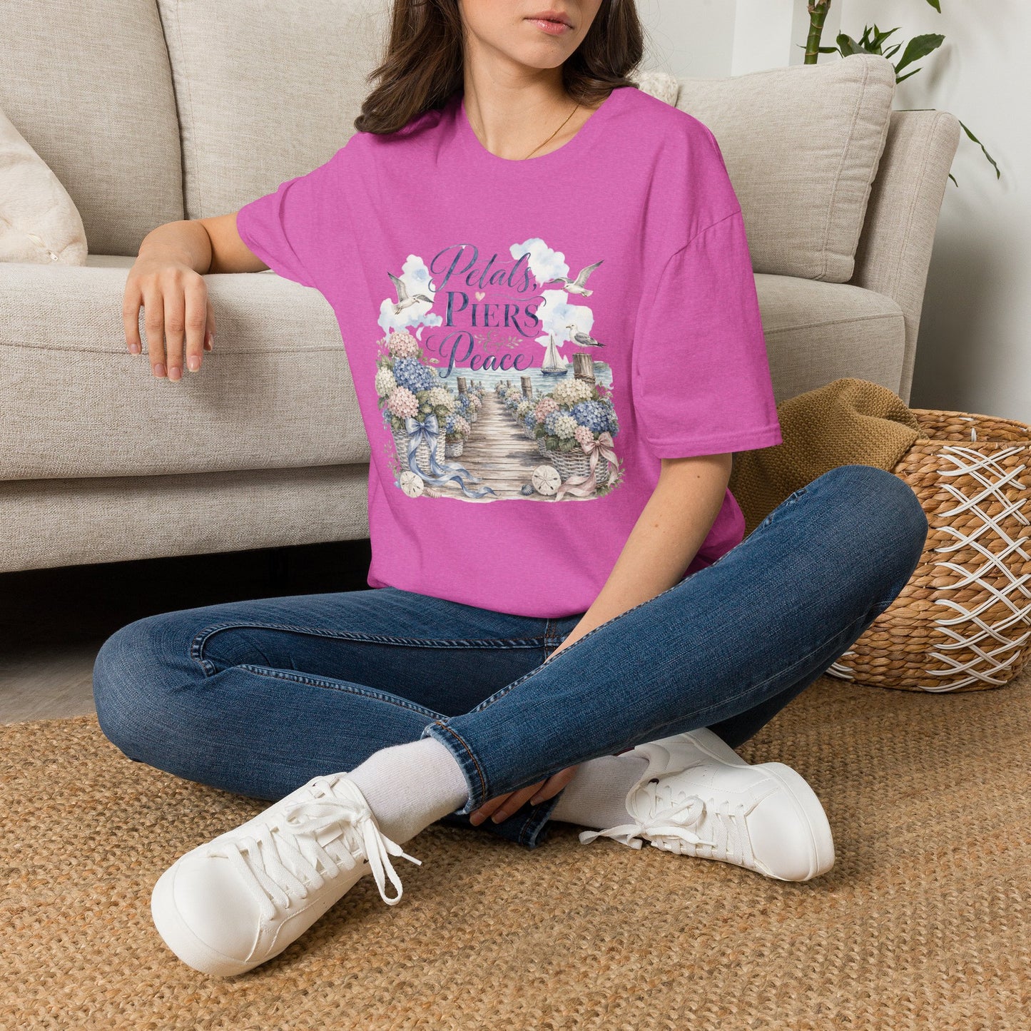 Petals Piers Peace T-Shirt | Coastal Lighthouse Floral Seagulls Design