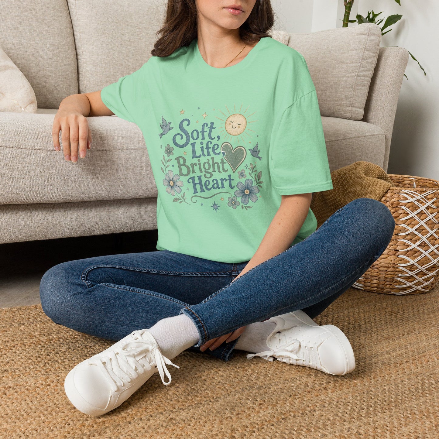 Soft Life Bright Heart T-Shirt | sun, doves, floral graphic