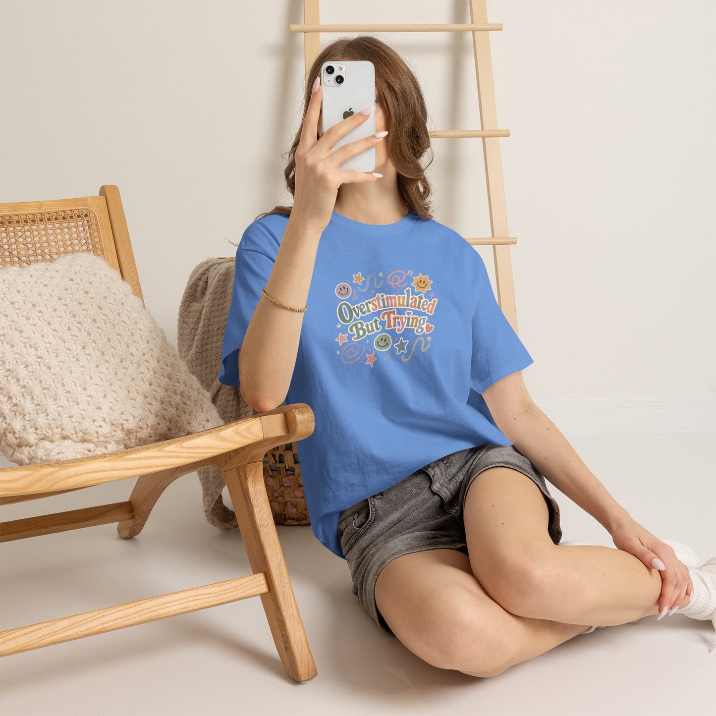 Overstimulated But Trying tee | Funny Mental Health Shirt, Cute Retro Doodles
