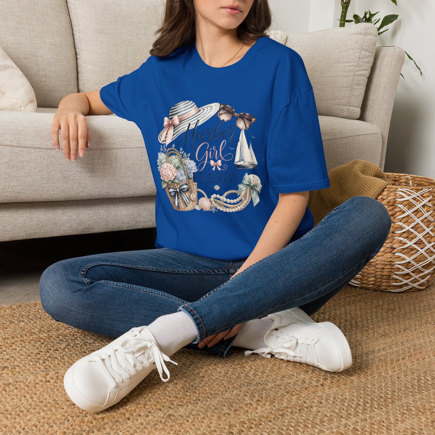 Harbor Girl illustration T-Shirt | Nautical hat, sailboat, seashells