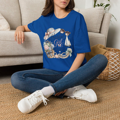 Harbor Girl illustration T-Shirt | Nautical hat, sailboat, seashells