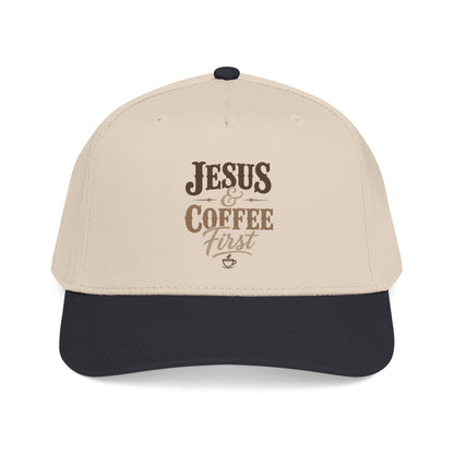 Jesus & Coffee First Mid Profile Baseball Cap | Christian Script Logo