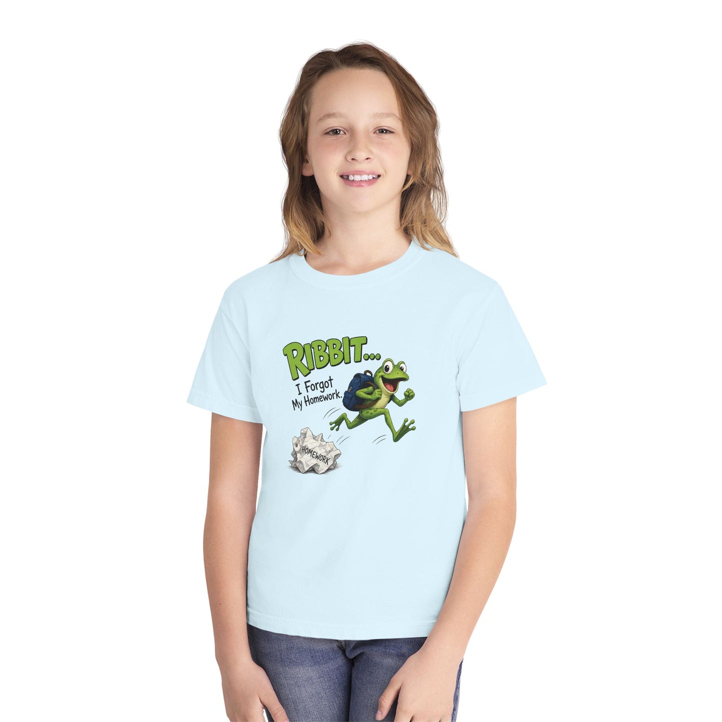 Ribbit Frog Character Youth Tee | Funny Forgot My Homework Design