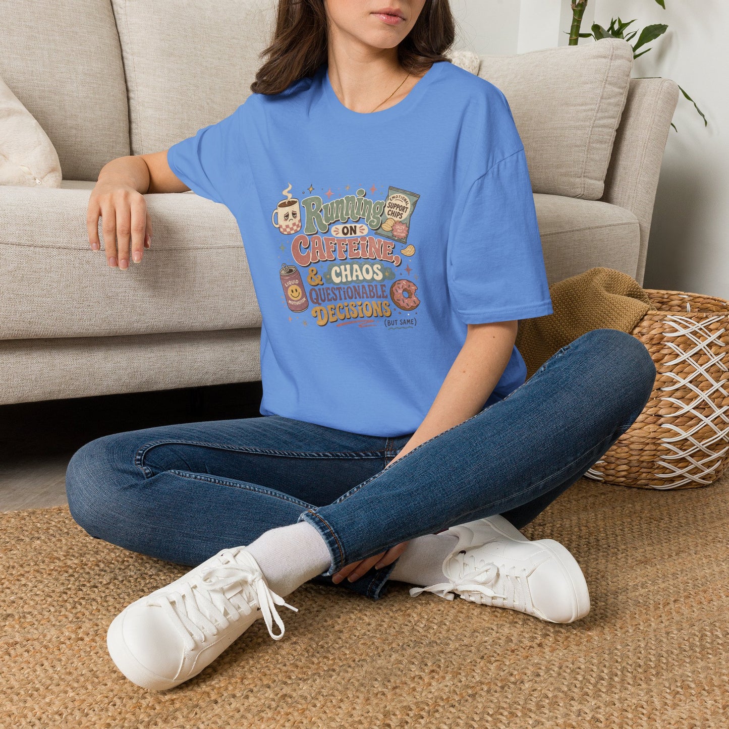 Running on Caffeine & Chaos T-Shirt | Coffee Mug Donut Illustration