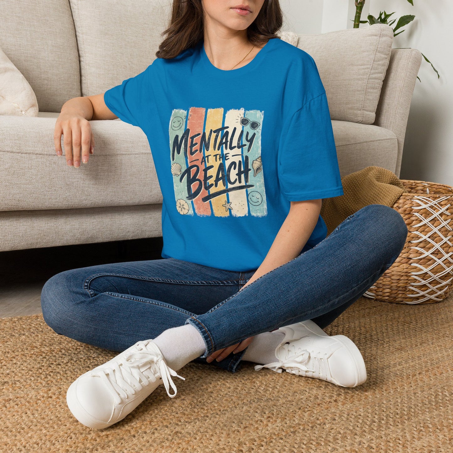 Mentally at the Beach T-Shirt | Retro Stripes, Sunglasses & Seashells