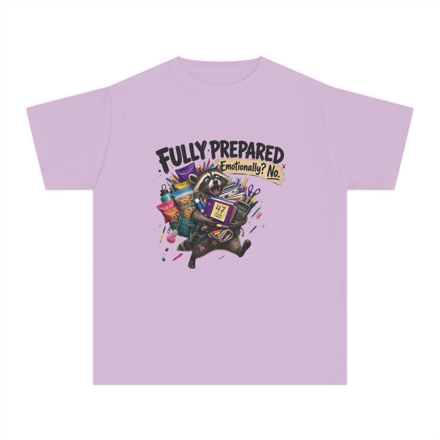 Fully Prepared Raccoon Supplies T-Shirt | Funny Back-to-School Kids Tee