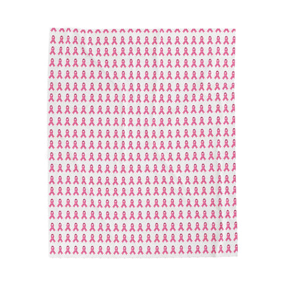 Soft Pink Ribbon Velveteen Blanket | Cozy Plush Throw for Breast Cancer Awareness, Comfort, Gift for Her, Home Decor, Cozy Snuggle, White