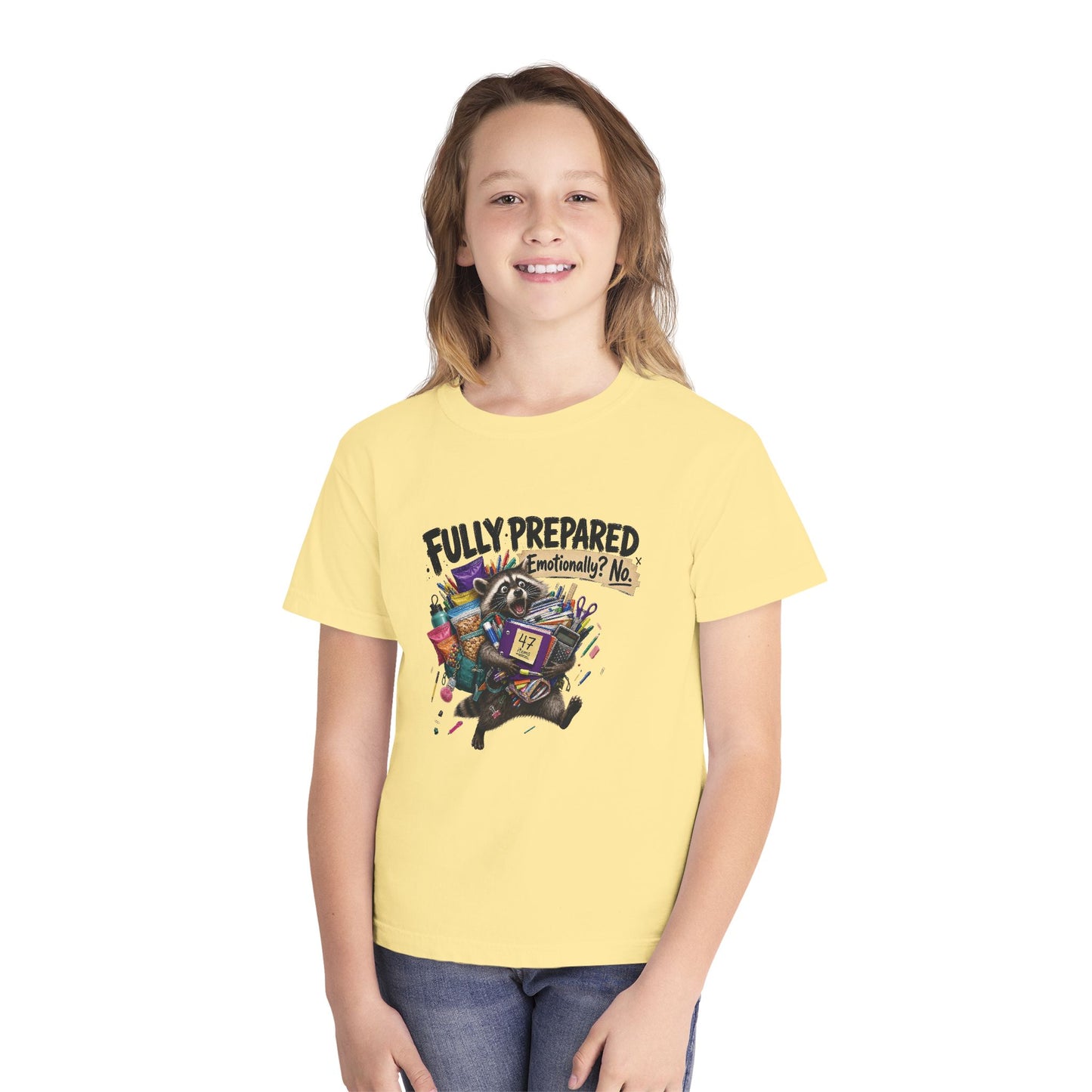 Fully Prepared Raccoon Supplies T-Shirt | Funny Back-to-School Kids Tee
